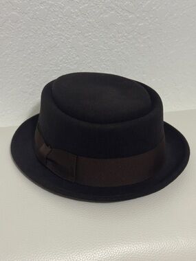 Classic Brown Wool Pork Pie Hat with Brown Ribbon